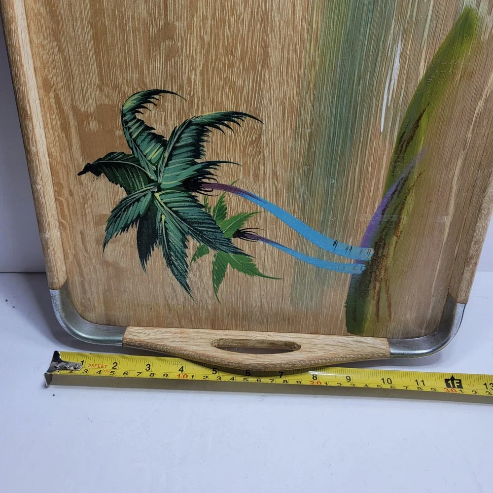 Vintage Hand Painted Tropical Palm Tree Sailboat Wood Serving Tray Metal Rim 17